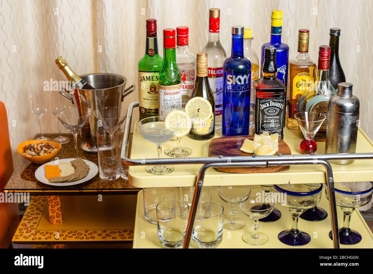 Vintage cocktail cart stocked with booze Stock Photo Alamy