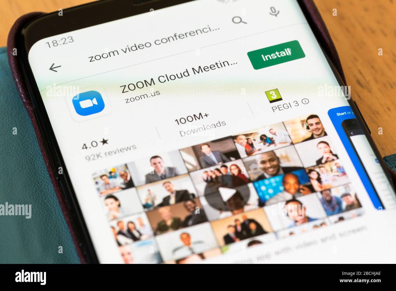 The Google Play install screen for the Zoom video conferencing application. There are security issues and privacy concerns with the app Stock Photo
