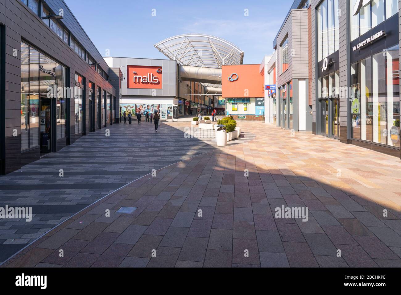 Basingstoke Malls shopping centre is largely empty with people maintaining social distancing during the Coronavirus Covid-19 pandemic, 4th April 2020 Stock Photo