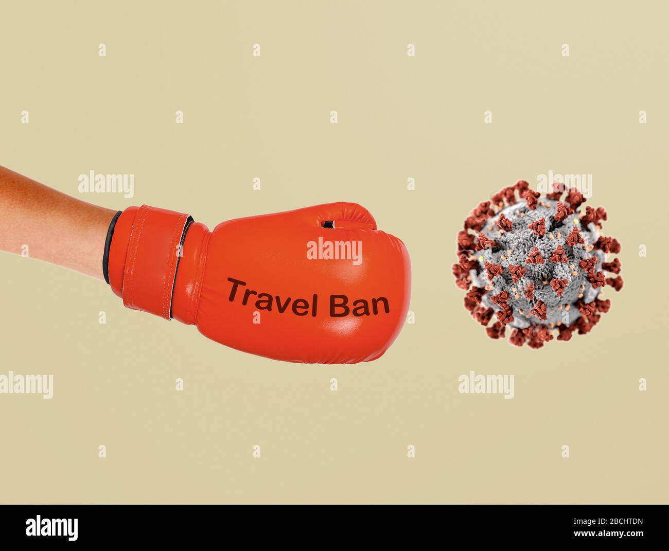 travel ban overcoming the corona virus. boxing gloves. Stock Photo