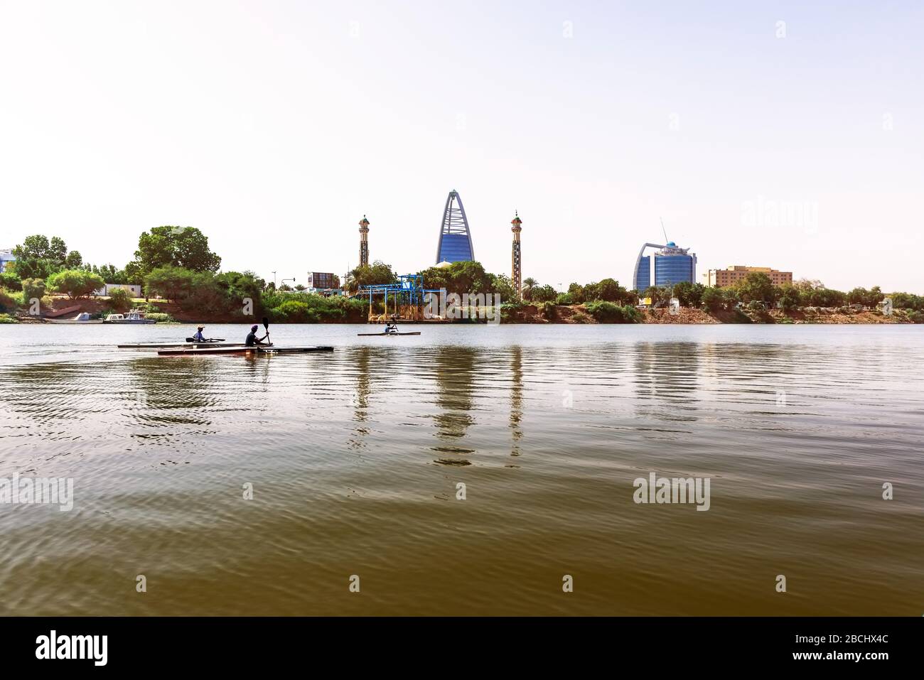 Khartoum, Sudan - January 29, 2015: Local people kayaking on the river Nile in Khartoum, Sudan. Stock Photo