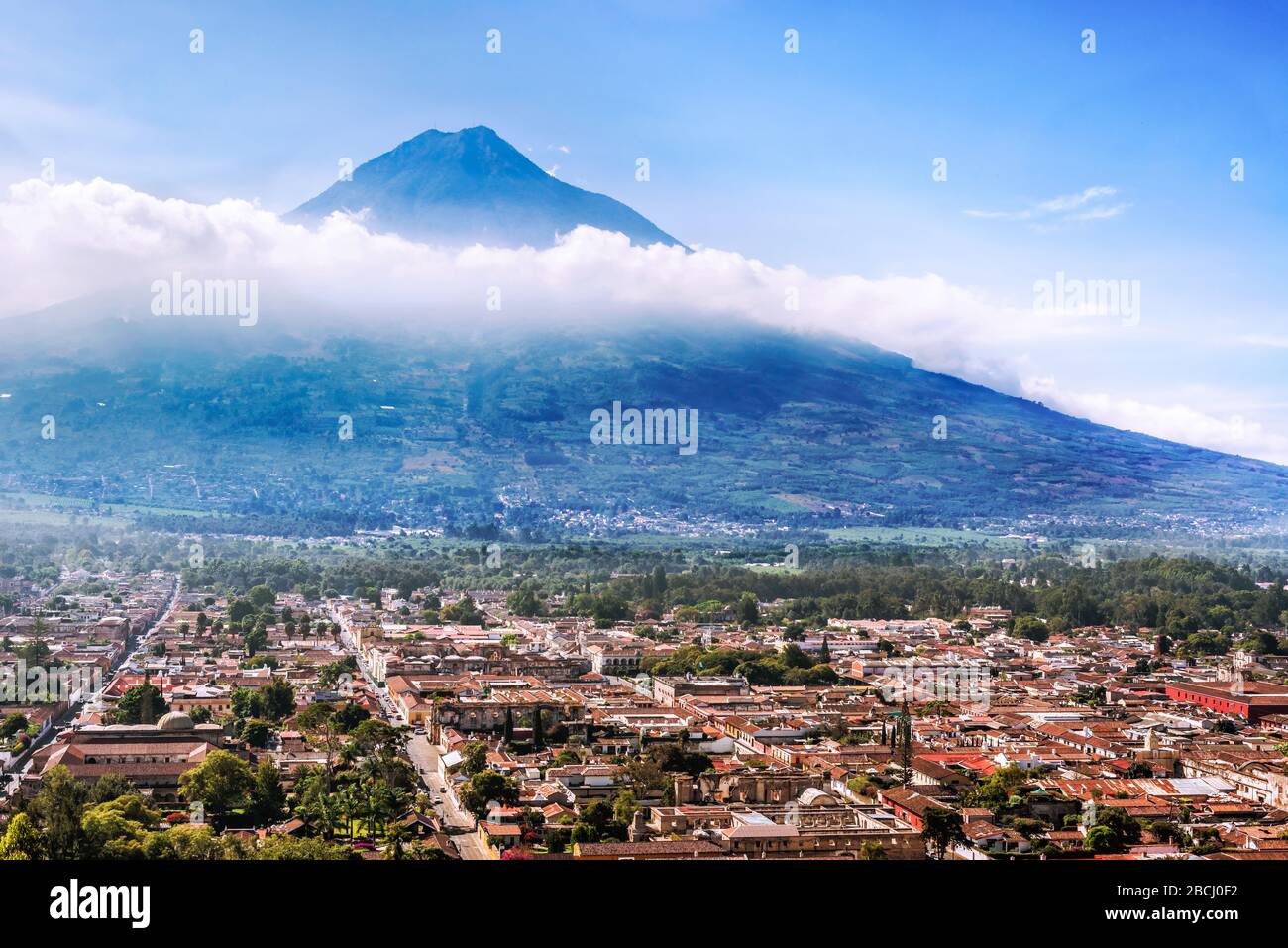 Aerialview of the city of Antigua and Volcano De Agua from Cerro de la Cruz, Guatemala. Antigua is former capital which was moved to Guatemala City af Stock Photo