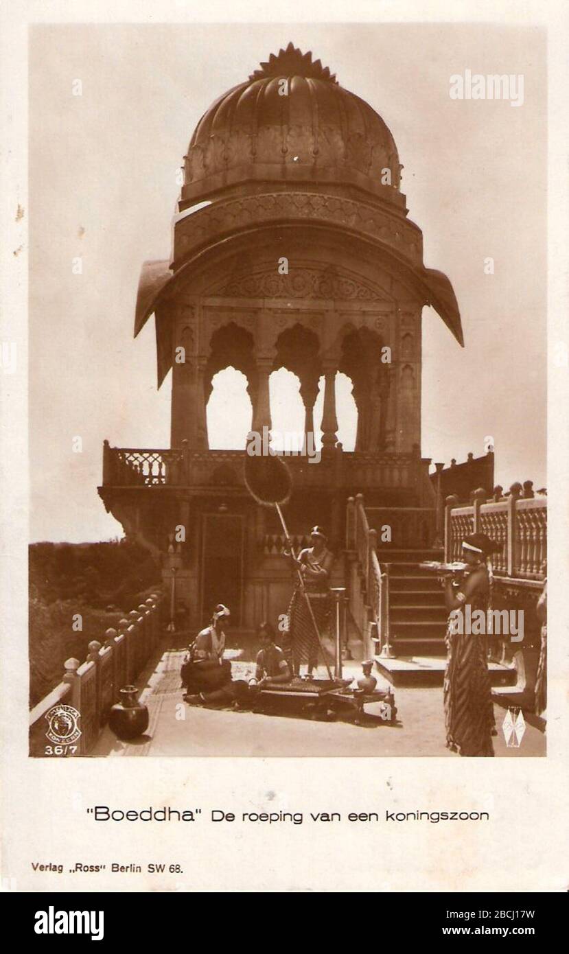 English: The translation of the Dutch text on the back of this postcard  reads: “Gotama's Palace in the garden of wonders. One of the scenes,  playing in the old historic India that