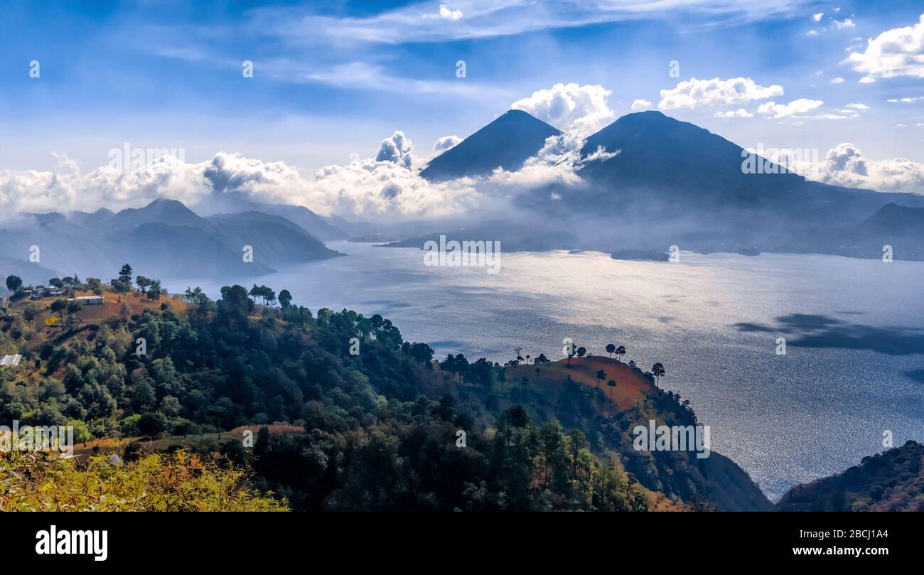 Aerial view at the landscape around lake Atitlan. At 1512m above sea level it is a body of water in a massive volcanic crater in Guatemala southwester Stock Photo