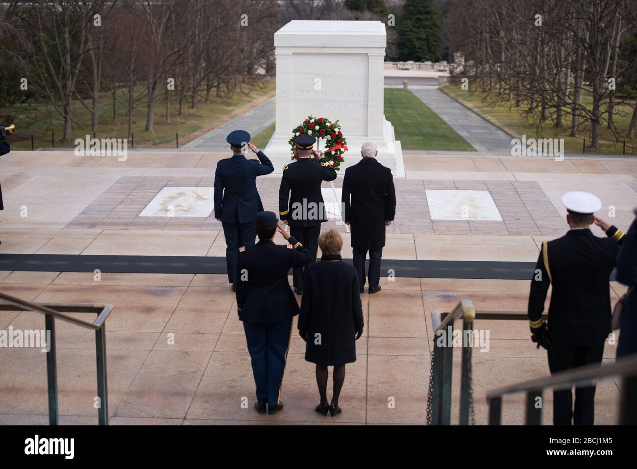 'From the top left, U.S. Air Force Gen. Paul J. Selva, vice chairman of the Joint Chiefs of Staff and Maj. Gen. Bradley A. Becker, commanding general Joint Force Headquarters-National Capital Region and U.S. Army Military District of Washington, escort Governor General of Canada David Johnston to lay a wreath at the Tomb of the Unknown Soldier at Arlington National Cemetery, Feb. 10, 2016, in Arlington, Va. Following the ceremony at the Tomb, Johnston also laid a wreath at the Canadian Cross of Sacrifice. . (U.S. Army photo by Rachel Larue/Arlington National Cemetery/released); 10 February 201 Stock Photo