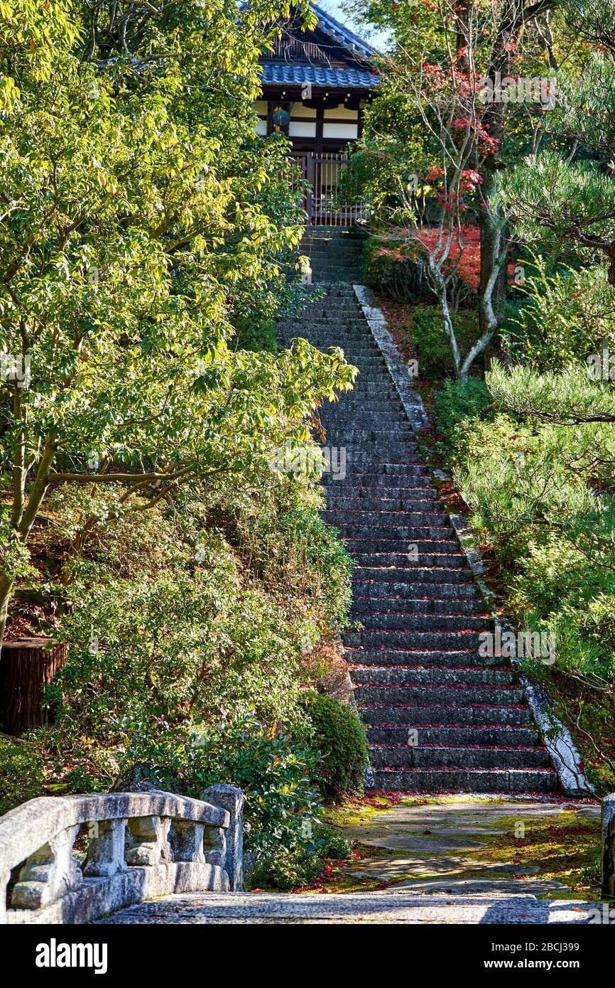 Stairway to a small summer house in Japanese garden Stock Photo