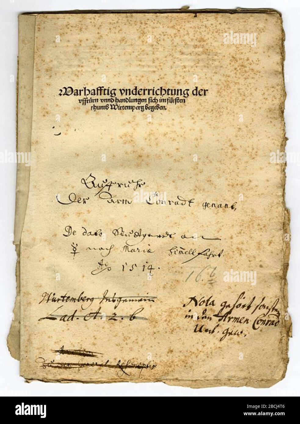 'Deutsch: Kanzleibericht über den Aufstand des Armen Konrads 1514; 1514; Hauptstaatsarchiv Stuttgart A 45 Bü 9; Herzogliche Kanzlei; ' Stock Photo