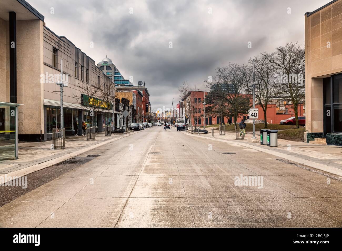 Kitchener, Ontario, Canada - March 20, 2020: View at the houses along King street located in downtown Kitchener, Ontario, Canada Stock Photo