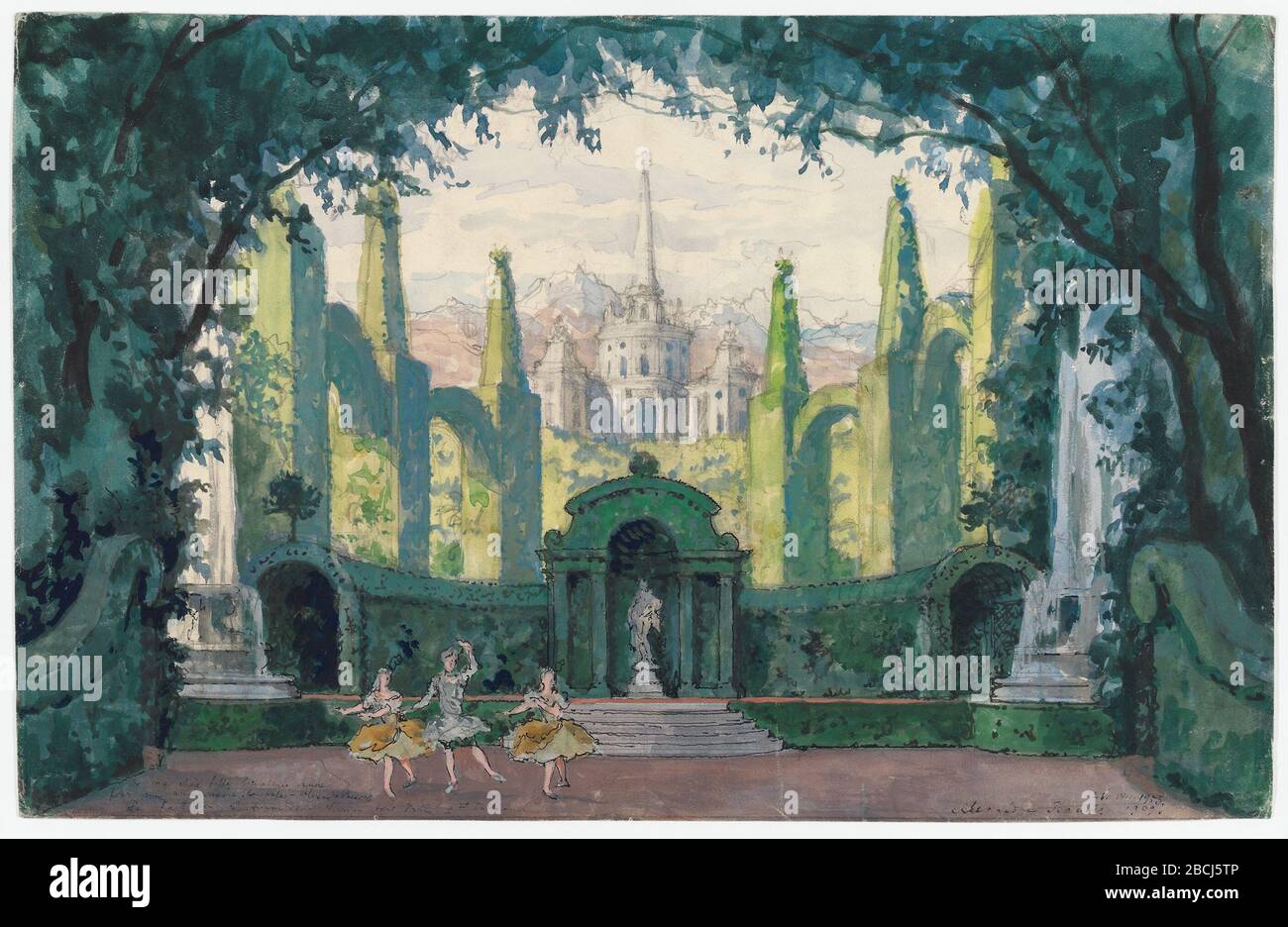 English Set Design By Alexandre Benois 1870 1960 For Pavillon D Armide Garden For Act Ii Dated 1955 Watercolor Ink And Pencil On Paper 30 X 47 3 Centimeters Inscription At Bottom A Ma