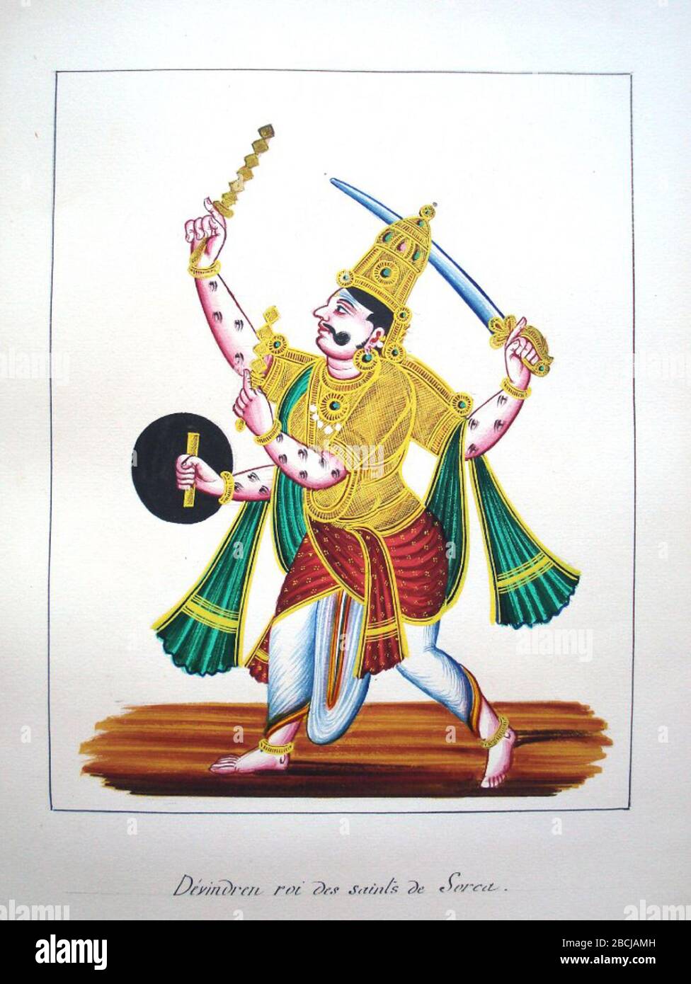 "English: painting / album Back to search results Object type painting term details album term details Museum number 1993,0806,0.39 Description Gouache painting on paper from an album of eighty-two paintings of Hindu deities. Four-armed and thousand-eyed Indra carries in his upper right hand a vajra (thunderbolt), formed by six rhomboidal elements, with a sword in his upper left. In his lower right he holds a shield and in his lower left another smaller vajra. His many eyes are distributed equally over his four arms. More School/style Company Sch Stock Photo