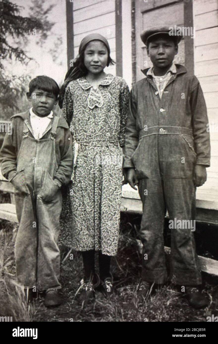 'English: 'Three youth'  (Cree)  Clear Lake, Sask 1939; 1939; https://twitter.com/paulseesequa/status/716765825932197889; Société historique de Saint Boniface; ' Stock Photo