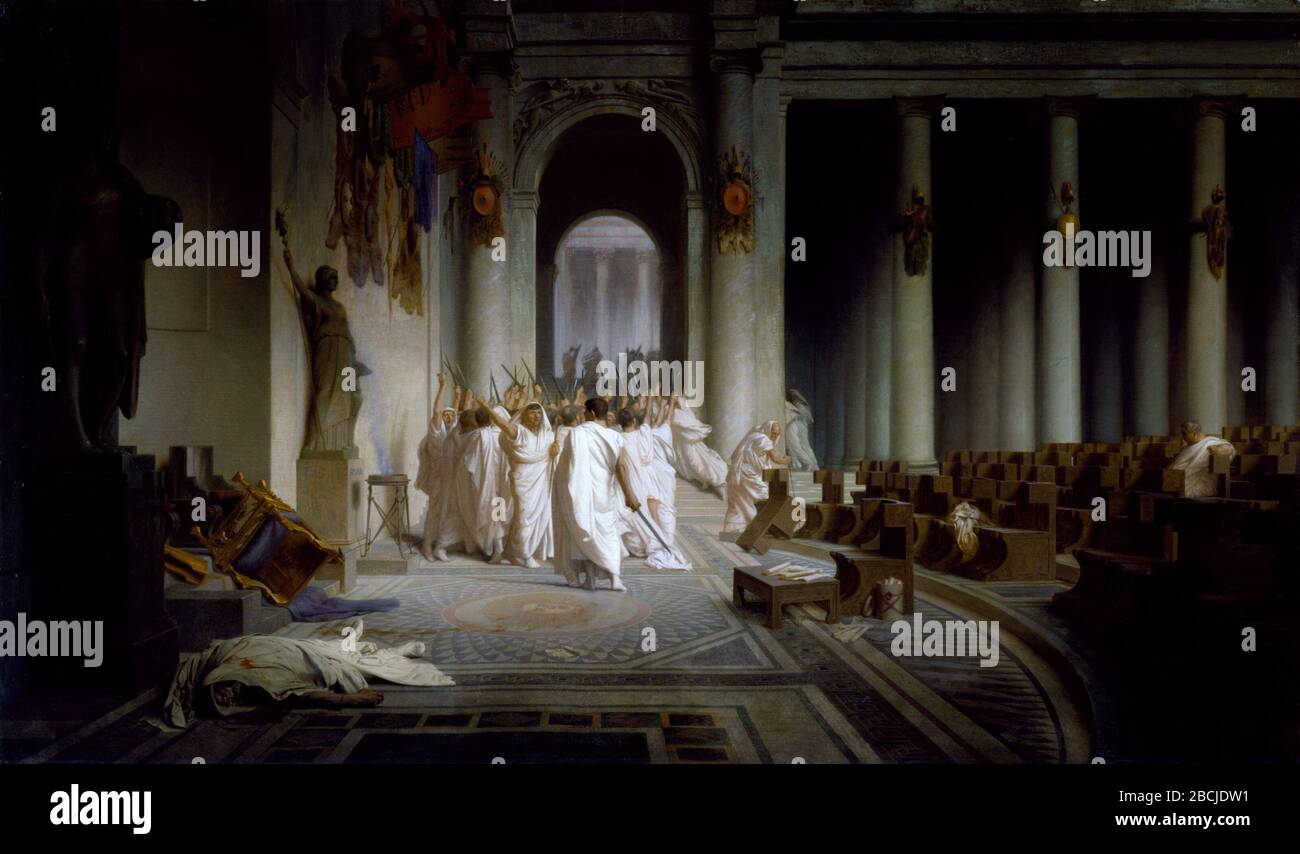 'The Death of Caesartitle QS:P1476,en:The Death of Caesar label QS:Len,The Death of Caesar label QS:Lfr,La Mort de César; English: Julius Caesar was assassinated in Rome on the Ides of March (March 15), 44 BC. Characteristically, Gérôme has depicted not the incident itself, but its immediate aftermath. The illusion of reality that Gérôme imparted to his paintings with his smooth, polished technique led one critic to comment, If photography had existed in Caesar's day, one could believe that the picture was painted from a photograph taken on the spot at the very moment of the catastrophe. Itali Stock Photo