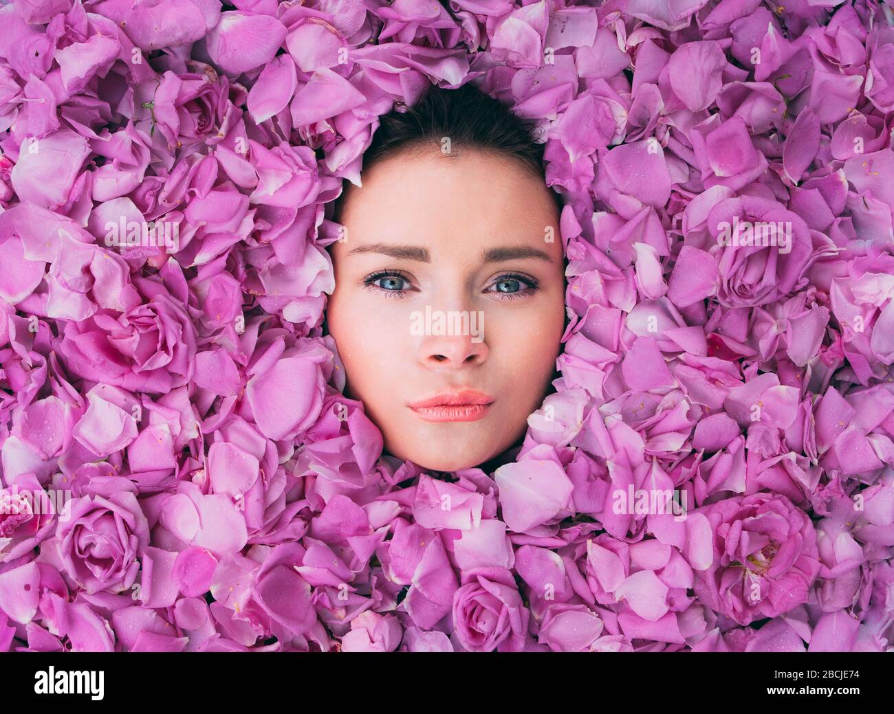 Portrait of beautiful young woman with pink lips and green eyes among the pink petals of rose Stock Photo