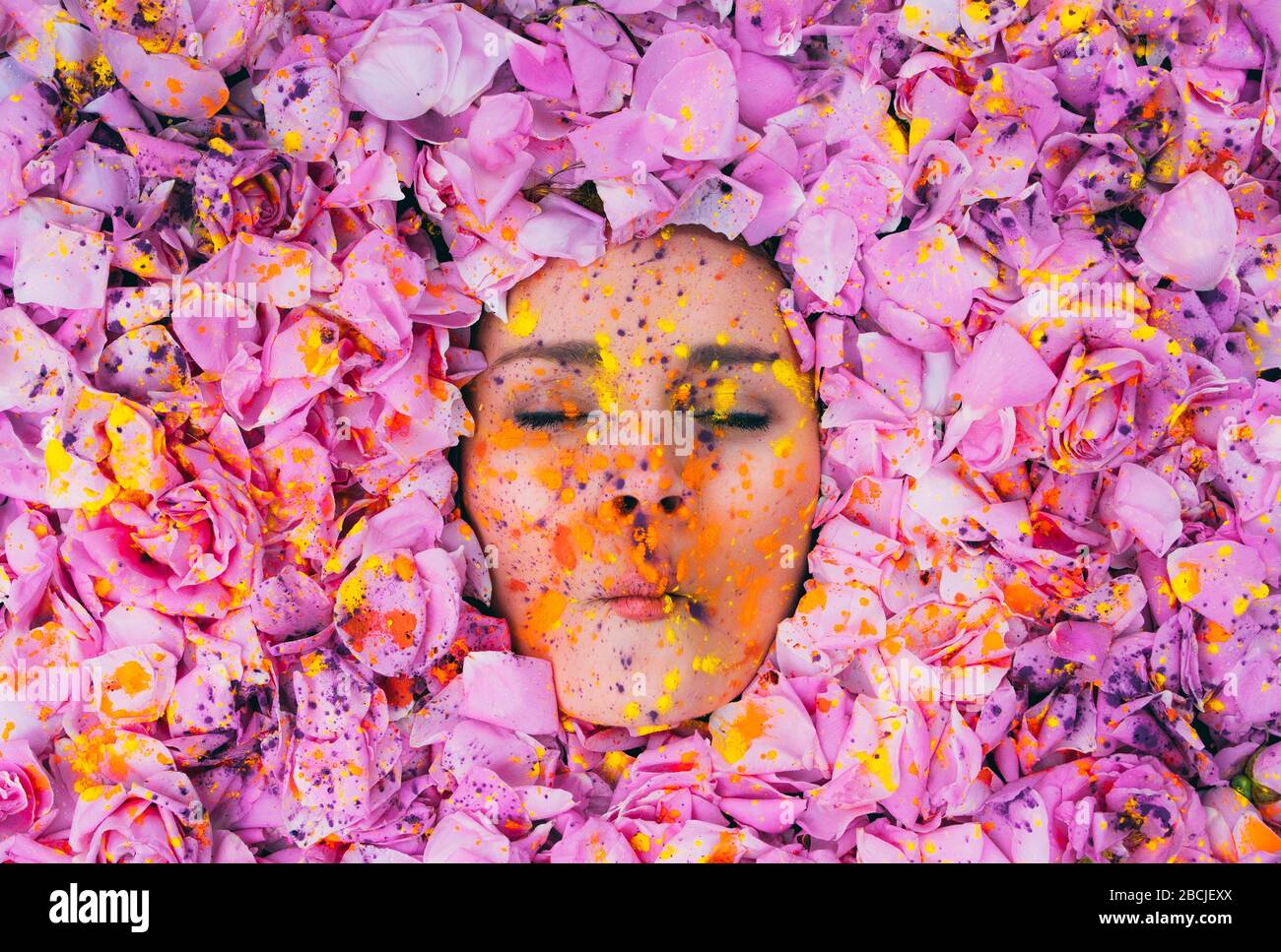 Portrait of beautiful young woman with pink lips and closed eyes among the pink petals of rose, hawley paint and inverted lips Stock Photo