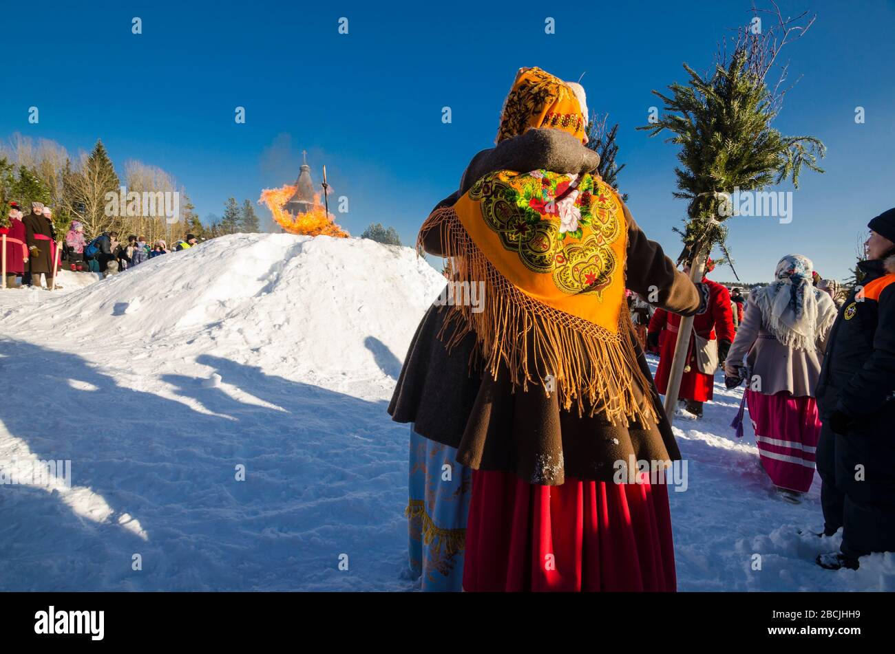 March 2020 - Malye Korely. Burning a scarecrow on Shrovetide. Russia, Arkhangelsk region Stock Photo