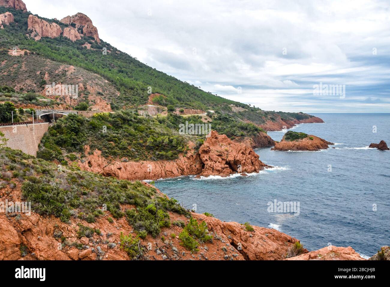 Beautiful famous autumn view on cote d'azur,  cloudy sky, sea, nearby Saint-Raphael, Frejus, Cannes. France, Provence. Stock Photo