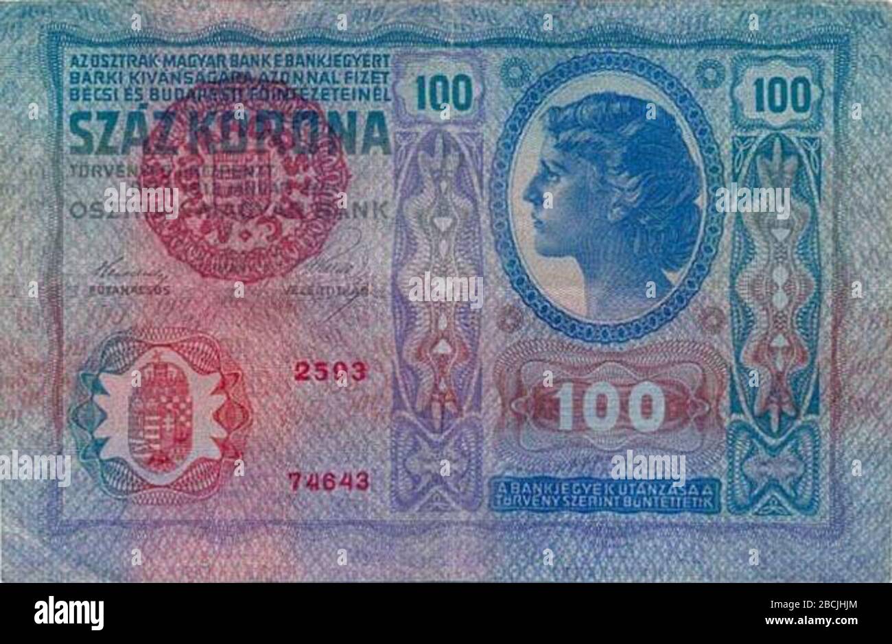 '100 Austro-Hungarian Kronen/korona, 1919 stamped Issue für Hungary - obverse; 1919; scan of an obsolete banknote; Österreichisch-Ungarischen Bank (Osztrák-Magyar Bank); ' Stock Photo