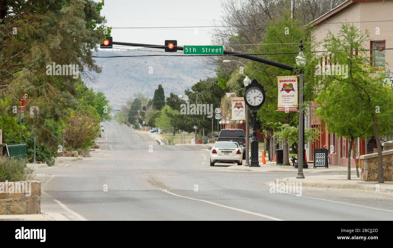 Empty streets of Alpine, West Texas, a small town of 7000 people situated in the north tip of the Chihuahuan Desert. Inhabitants are taking seriously the possible threat of spreading coronavirus, and follow restricting orders from the city and the county (Brester County). Stock Photo