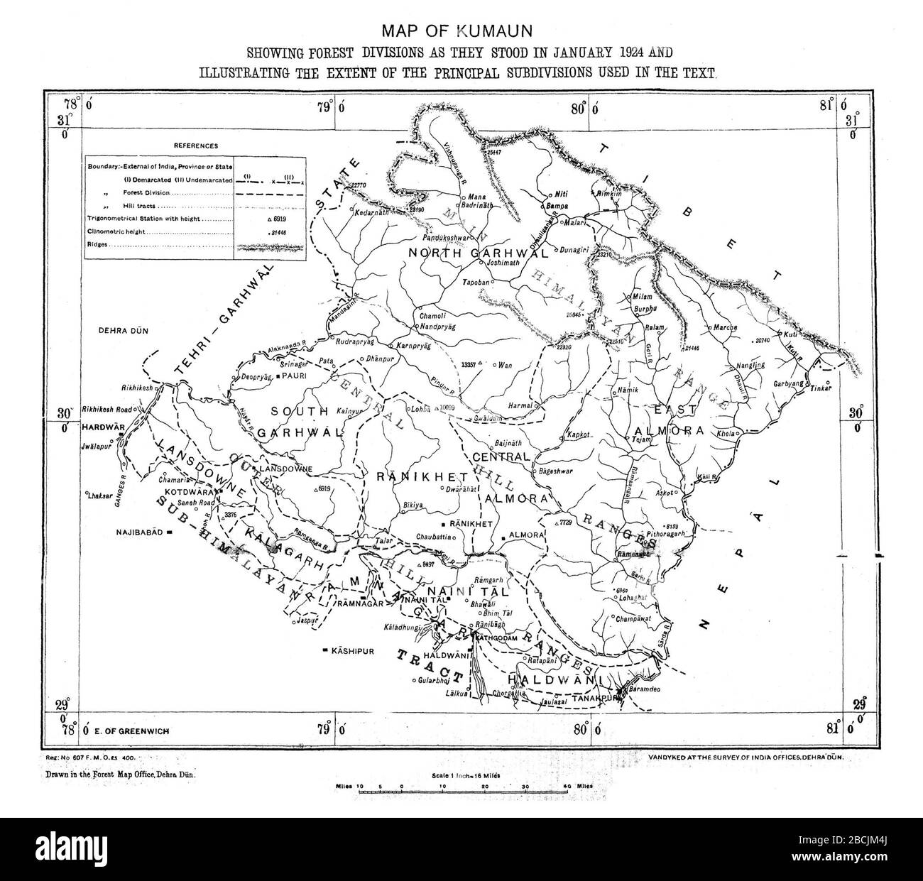 "Forest map of Kumaon in 1924 from Osmaston A.E.; Forest Department,Government of India; 1927; Osmaston, A.E. (1927) A Forest Flora for Kumaon. Allahabad: Government Press.; " Stock Photo