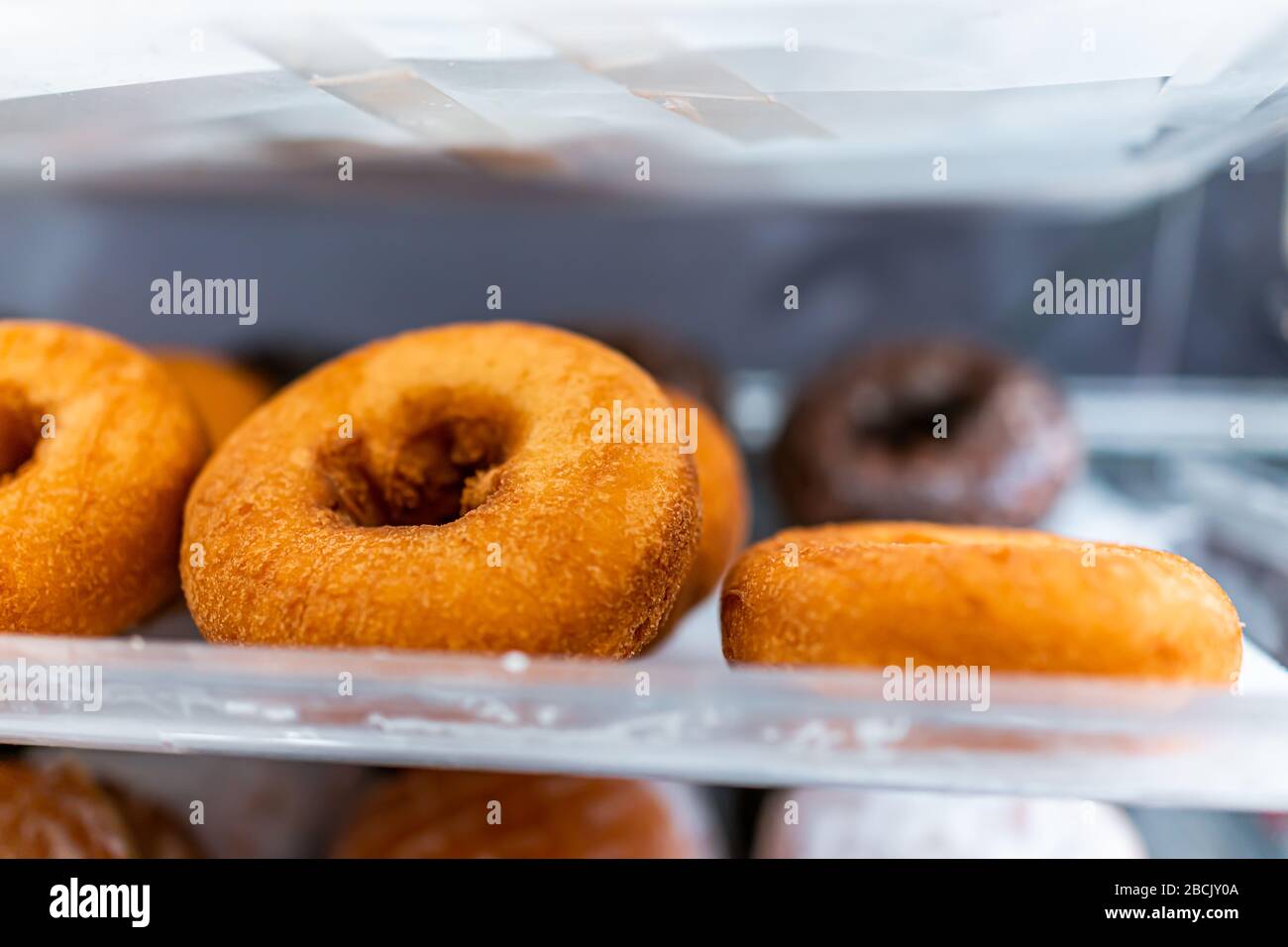 Brown plain donuts closeup on bakery tray deep fried with holes on plastic display counter with nobody Stock Photo