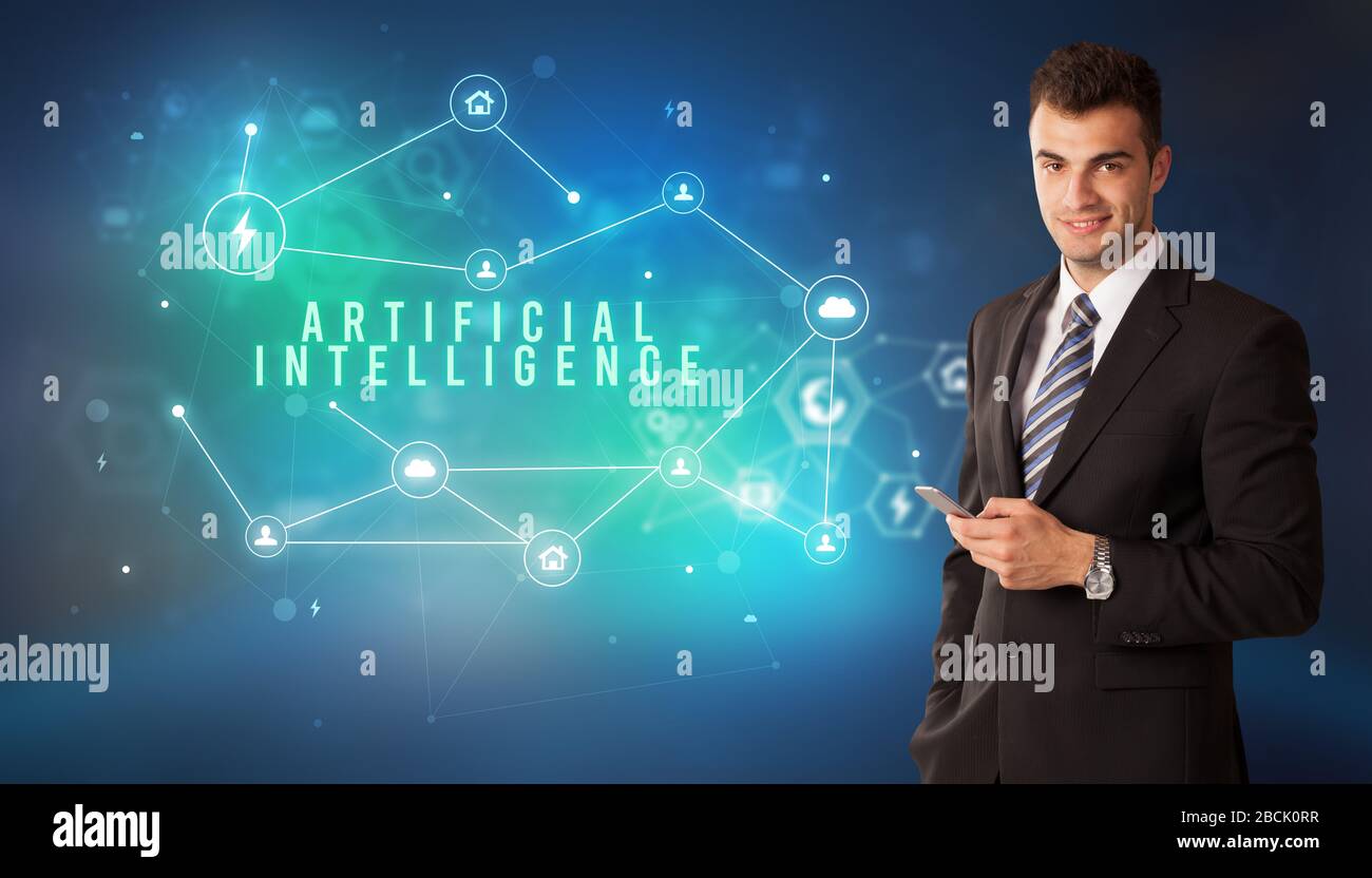 Businessman in front of cloud service icons with ARTIFICIAL INTELLIGENCE inscription, modern technology concept Stock Photo