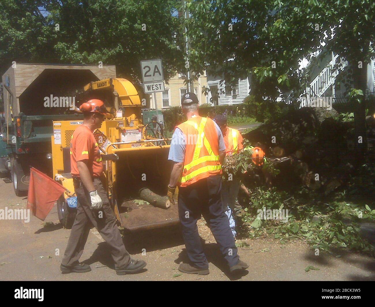 'MassDOT crews are helping state Emergency Management with clean up following this week's severe storm that downed trees and blocked streets and roads in Greenfield and Franklin County.  MassDOT provided five crews equipped with chain saws, wood chippers and dump trucks to assist on state roadway cleanup in the area.  Two MBTA tree crews were also dispatched at the request of Emergency Management officials.; 28 May 2010, 11:19; MassDOT Franklin County Storm Cleanup, May 28, 2010; MassDOT; ' Stock Photo