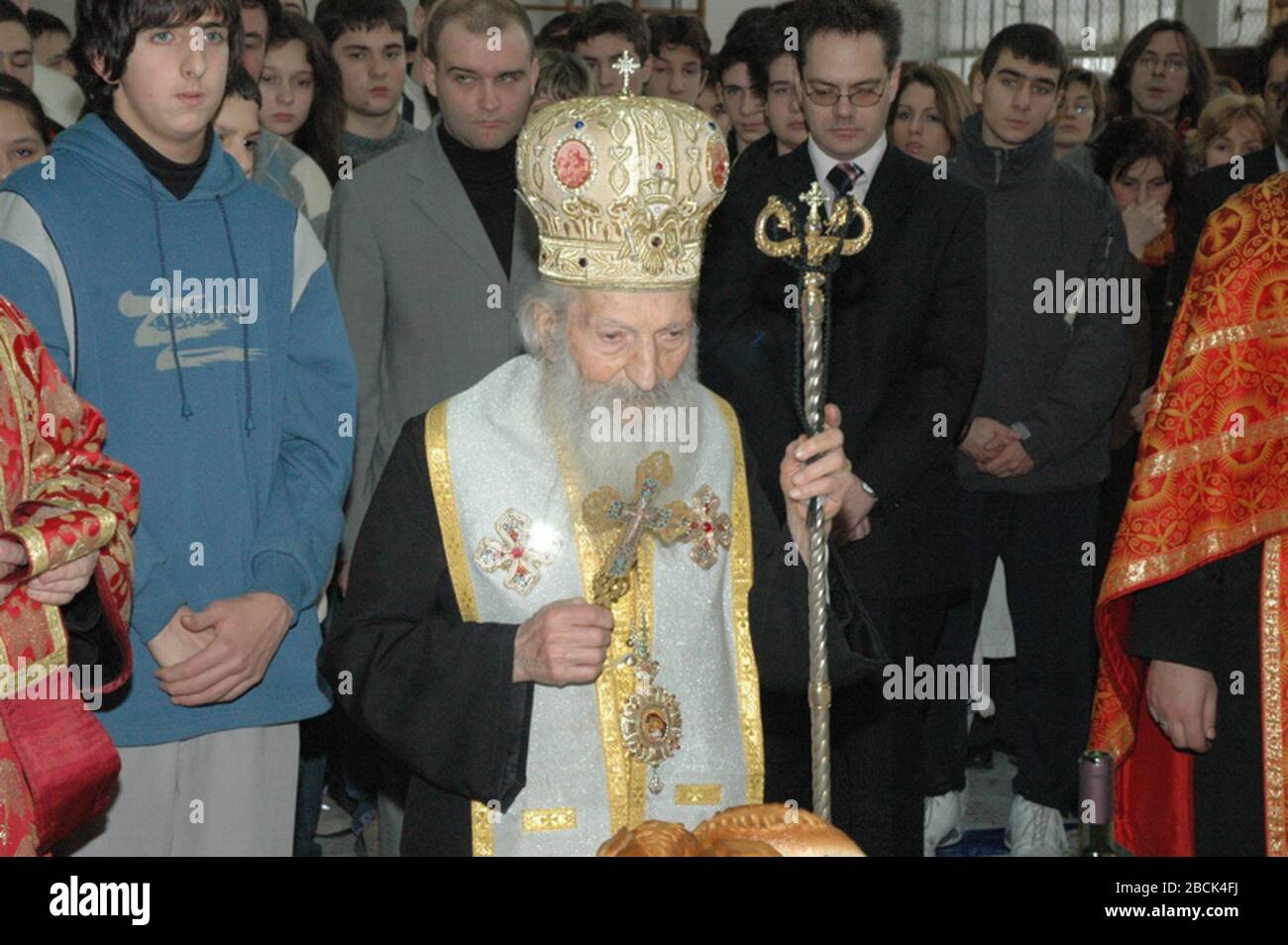 'Visit of His Holiness, the Archbishop of Peć, Metropolitan of Belgrade and Karlovci, Serbian Patriarch Pavle, to Mathematical Gymnasium Belgrade, January 25, 2005. Viewers right from His Holiness, the Archbishop of Peć, Metropolitan of Belgrade and Karlovci, Serbian Patriarch Pavle, is then Principal of Mathematical Gymnasium Belgrade, professor Vladimir Dragović.This picture taken in Mathematical Gymnasium Belgrade sports facility.; http://mg.edu.rs/components/com joomgallery/img originals/ 2/    6/  20100422 1936671105.jpg; MGB; ' Stock Photo