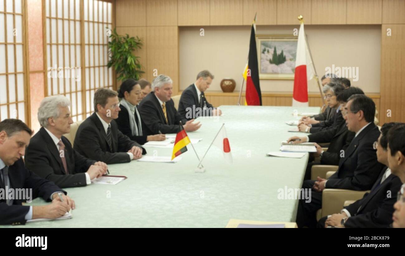 'English: Guido Westerwelle, Foreign minister of Germany, had a conversation with Takeaki Matsumoto, his Japanese counterpart, in Tokyo.Deutsch: Außenminister Westerwelle und Matsumoto und ihre Delegationen.日本語: 松本剛明外務大臣とギド・ヴェスターヴェレ・ドイツ連邦共和国外相との会見; 2 April 2011; http://www.auswaertiges-amt.de/DE/AAmt/zz Archiv BM-Reisen/2011/03-China-Japan/110402-Japan-node.html; Auswärtiges Amt (German Federal Foreign Office); ' Stock Photo