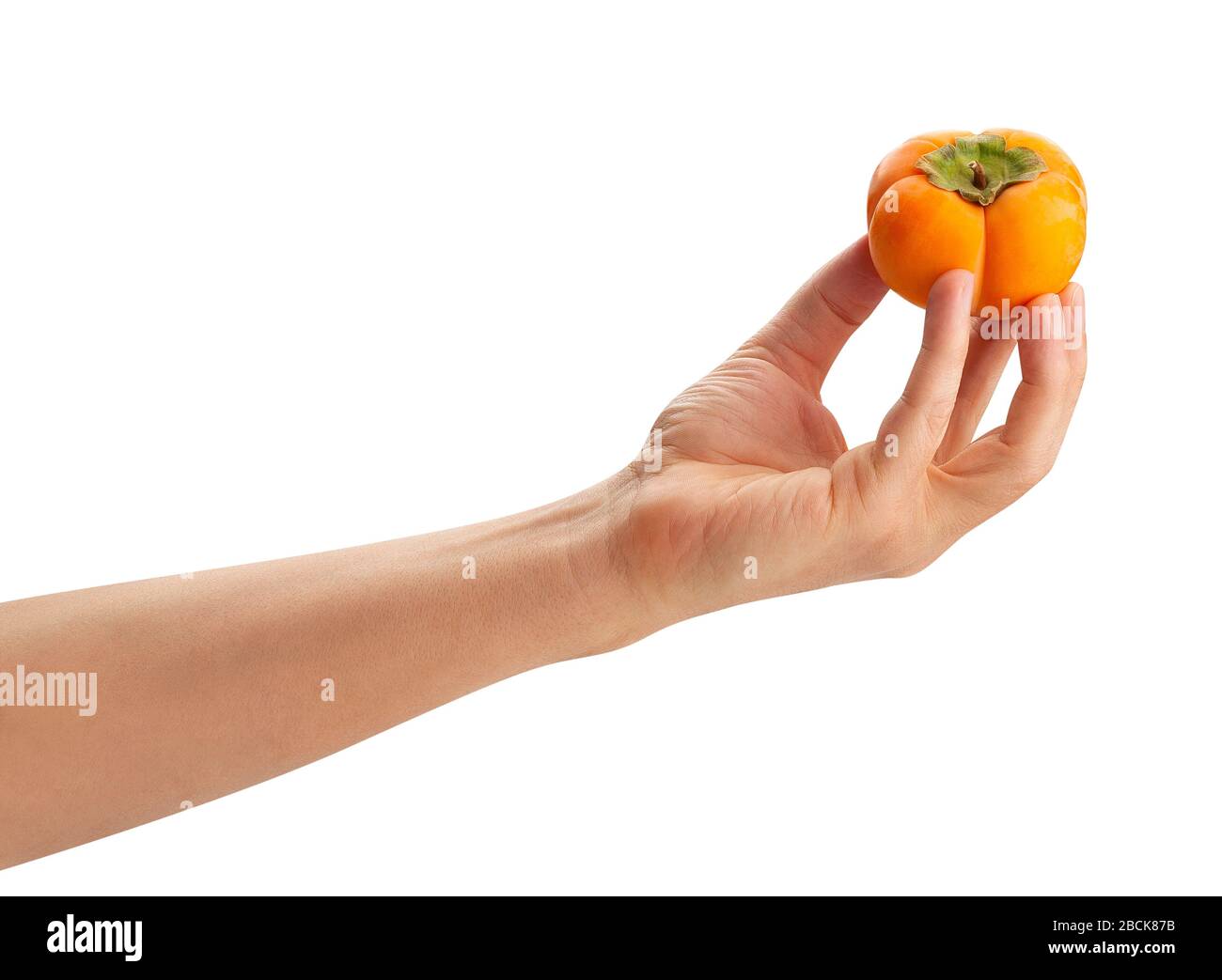 kinglet persimmons in hand path isolated on white Stock Photo