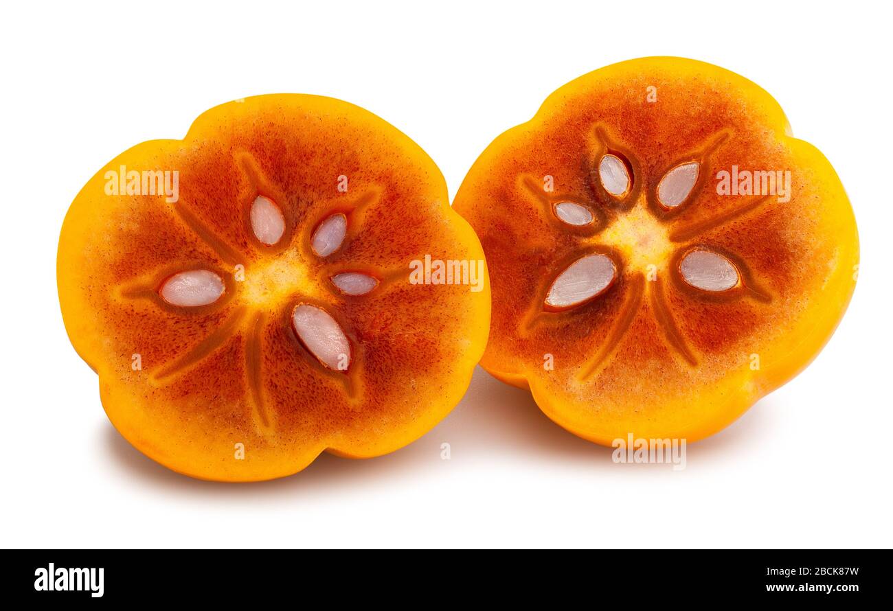 sliced kinglet persimmons path isolated on white Stock Photo