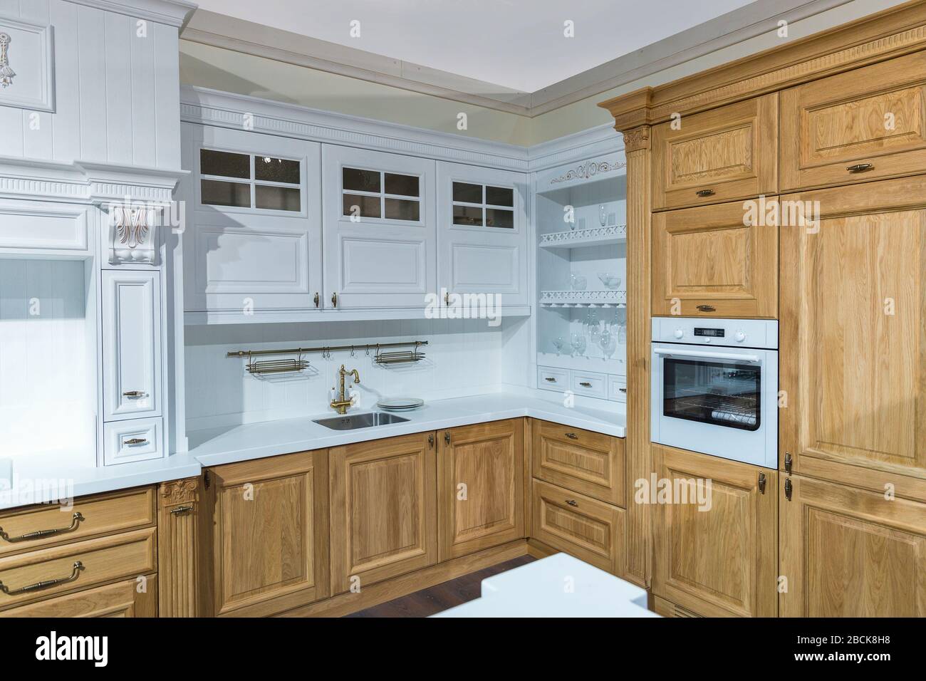Modern wooden kitchen furniture interior in vintage style Stock Photo