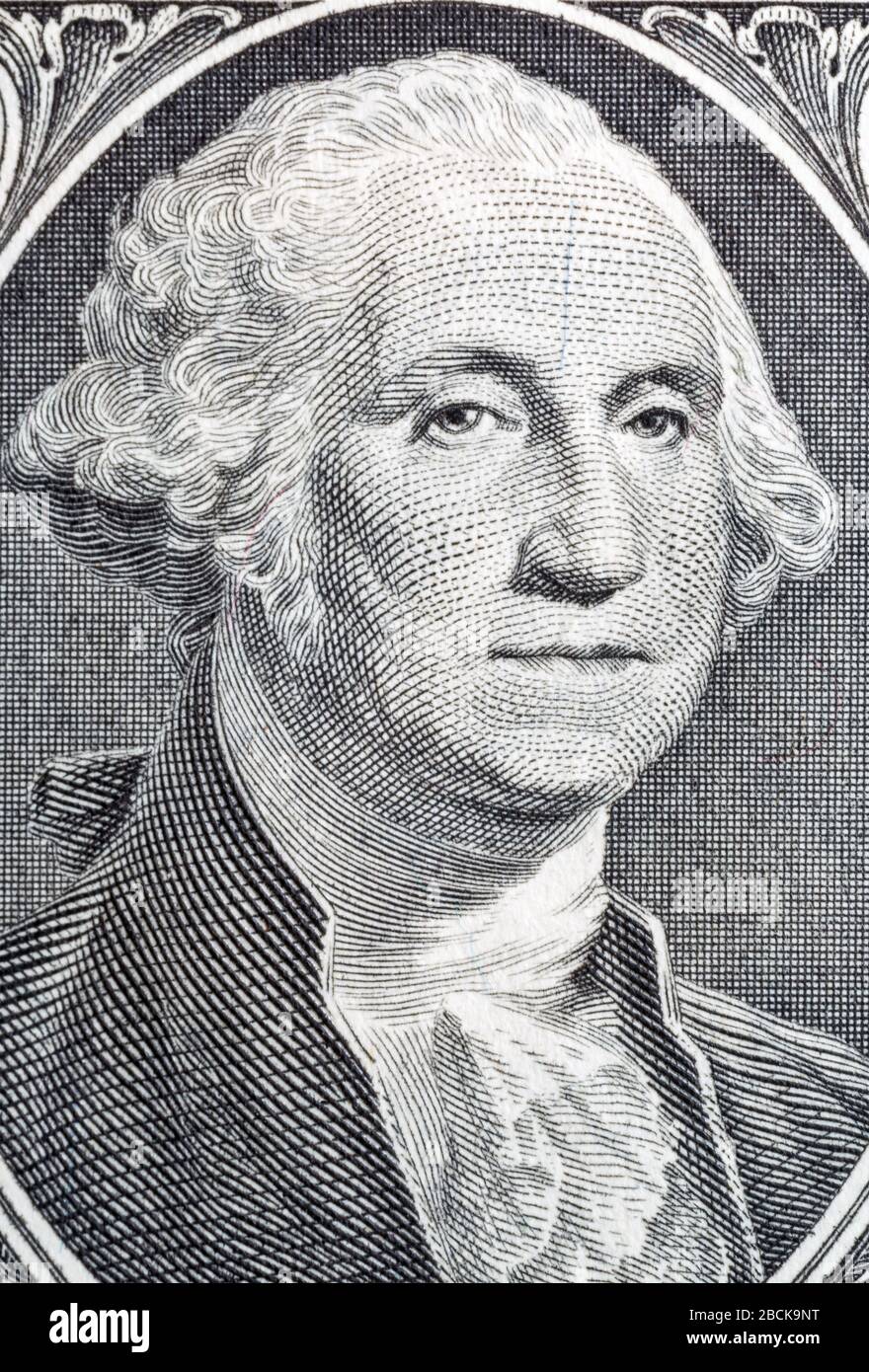 Macro portrait of George Washington US president on one dollar bill ...