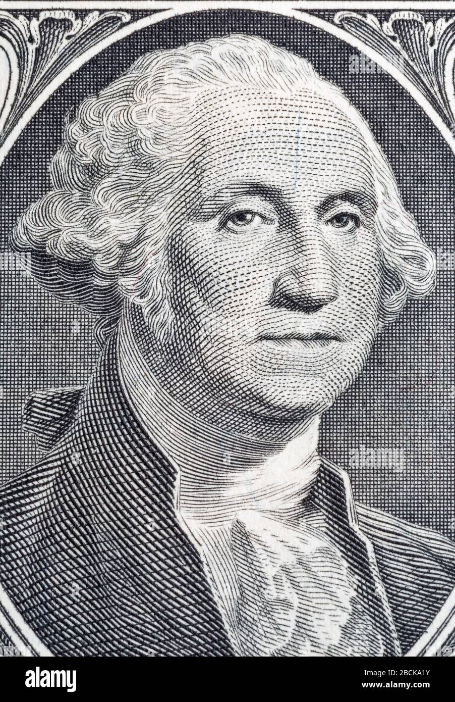 Macro portrait of George Washington US president on one dollar bill ...