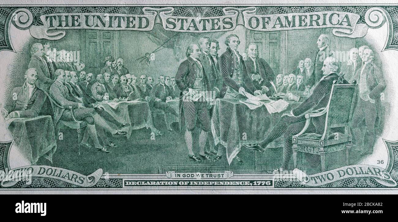Declaration of independence, 1776 on the back of a two dollar bill closeup Stock Photo