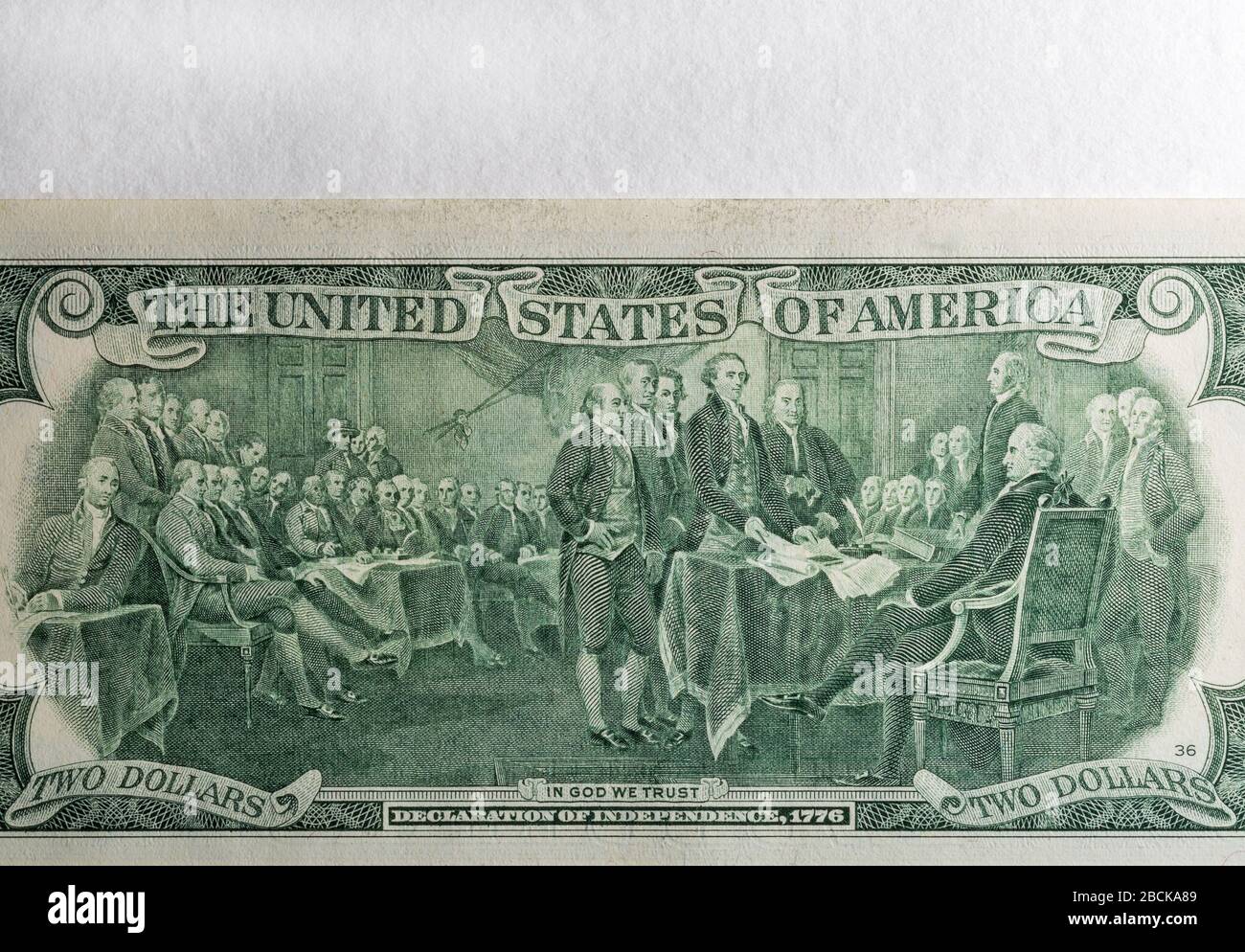 Declaration of independence, 1776 on the back of a two dollar bill closeup with copy space Stock Photo