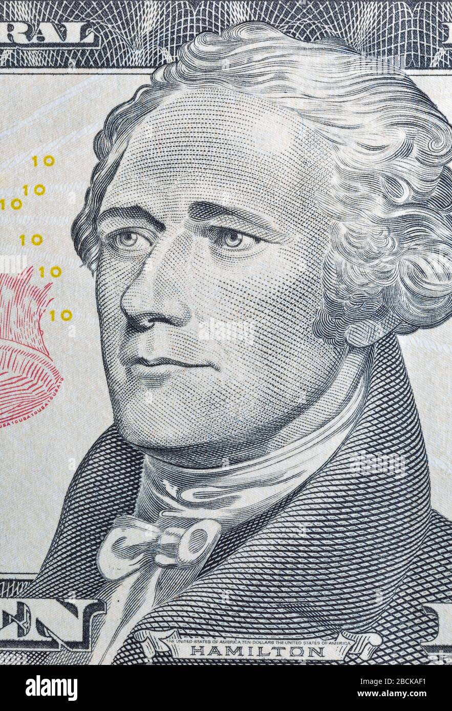 Portrait of the US President Alexander Hamilton on ten dollar banknote