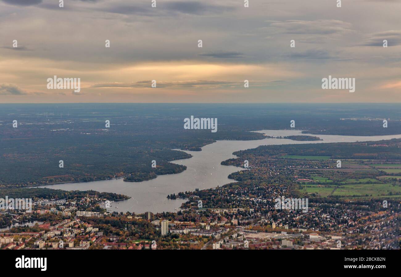 Aerial landscape view over Havel river, Wilhelmstadt and Pichelsdorf in Germany. Stock Photo