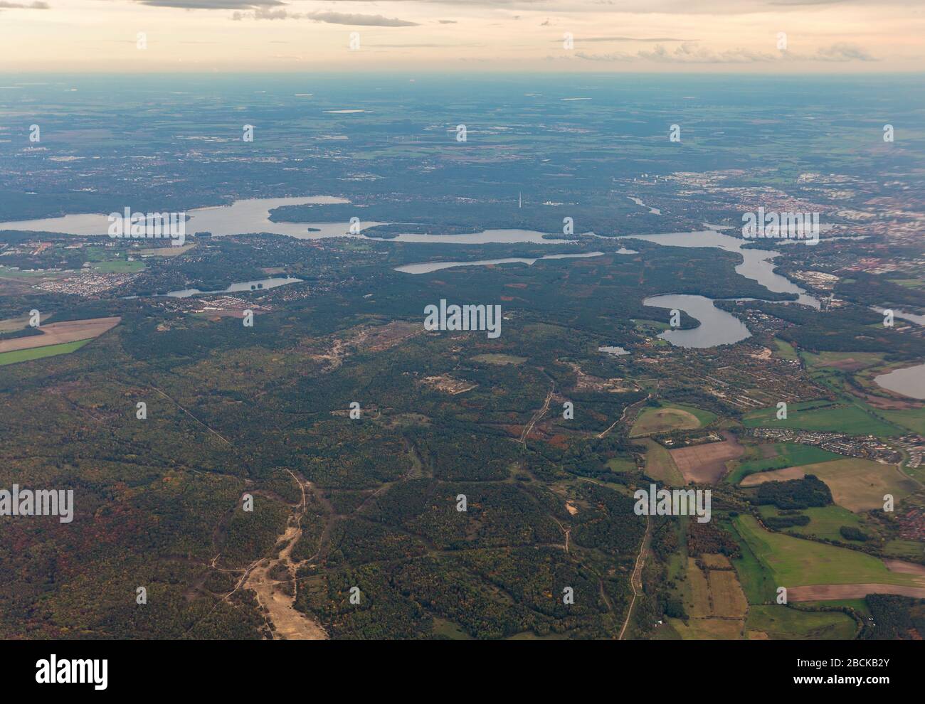 Aerial landscape view over Potsdam, Havel river, Krampnitz, Jungfern and Sacrower Lakes in Germany. Stock Photo