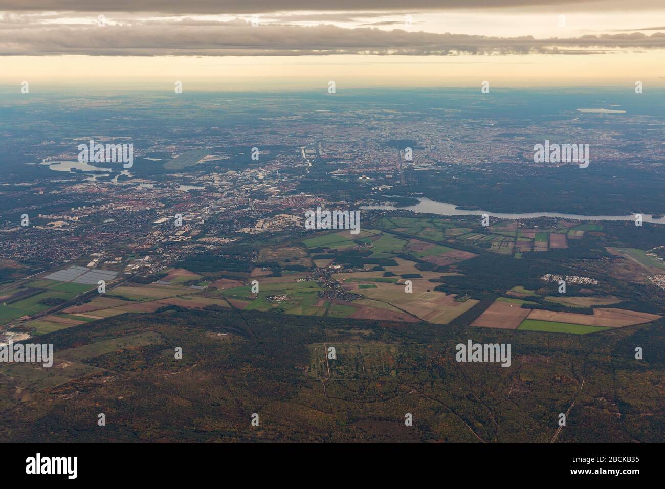Aerial landscape view over Havel river, Tegel airport, Berlin suburb Wilhelmstadt, Amalienhof, Spandau and Pichelsdorf in Germany. Stock Photo