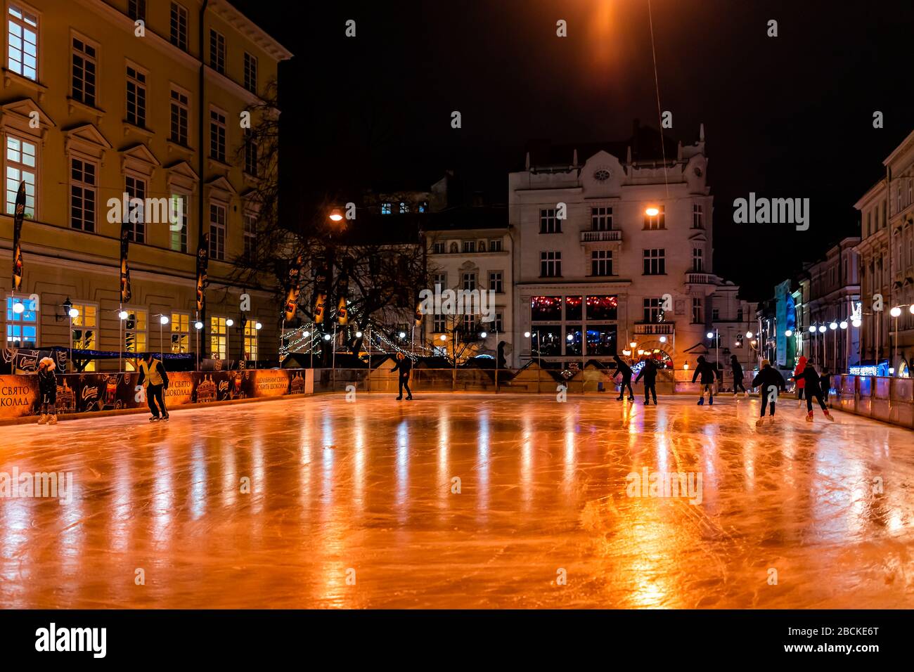 Lviv, Ukraine - December 27, 2019: Old town market square ice rink in ...