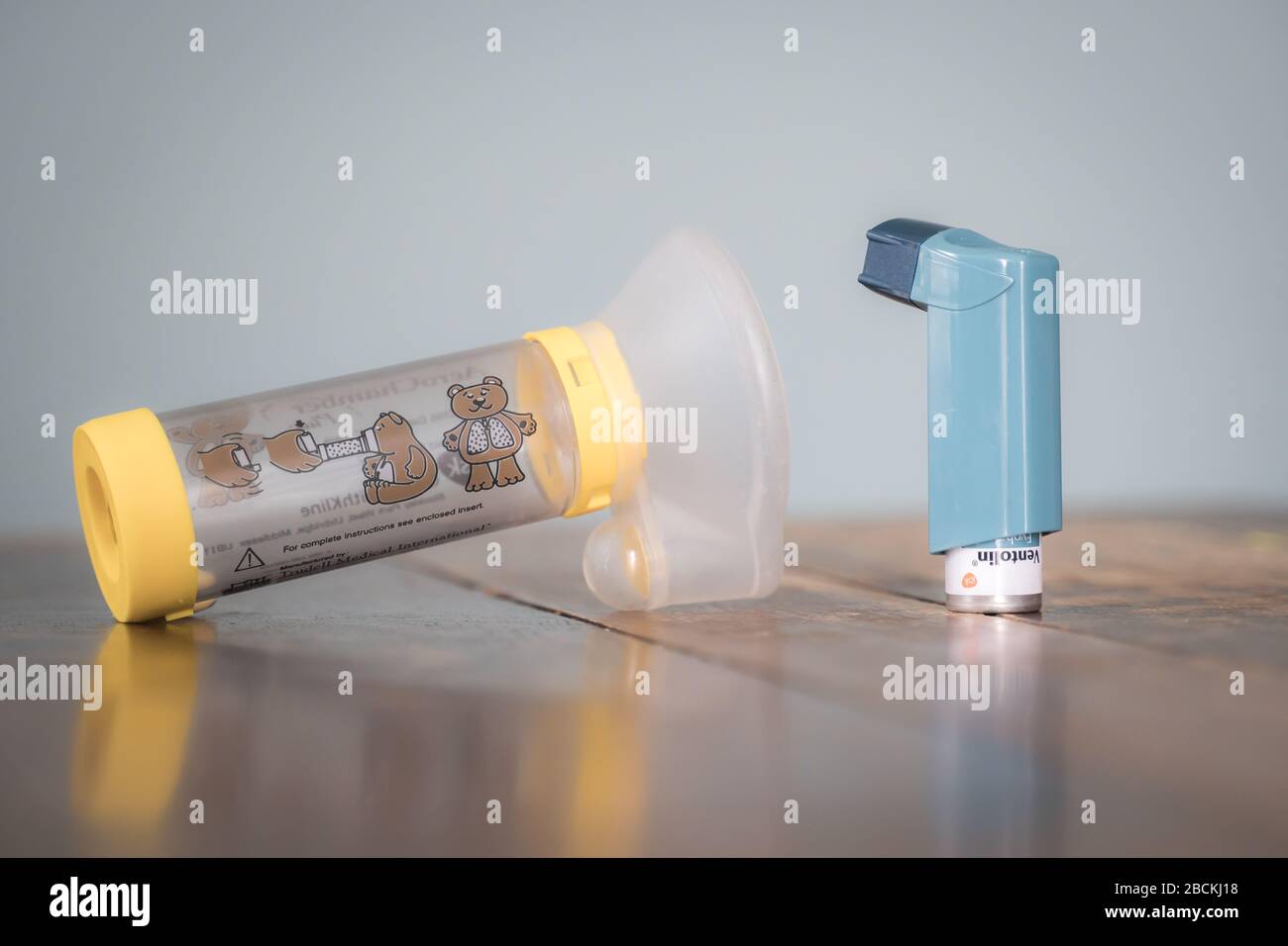 London, UK - April 3, 2020 - Ventolin metered dose inhaler and Aerochamber spacer; commonly prescribed medication for asthma treatment Stock Photo