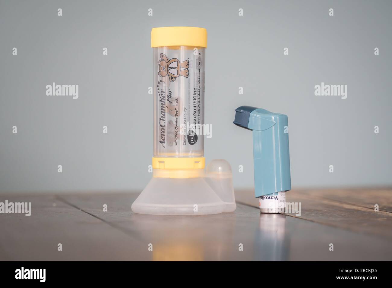London, UK - April 3, 2020 - Ventolin metered dose inhaler and Aerochamber spacer; commonly prescribed medication for asthma treatment Stock Photo