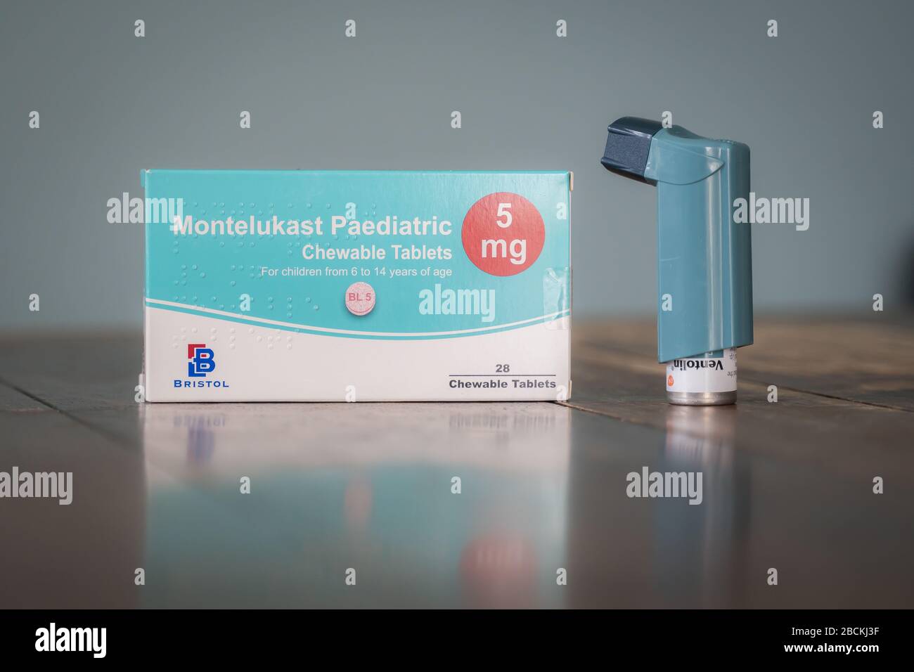 London, UK - April 3, 2020 - Ventolin metered dose inhaler and montelukast tablets; commonly prescribed medicationsa for asthma treatment Stock Photo