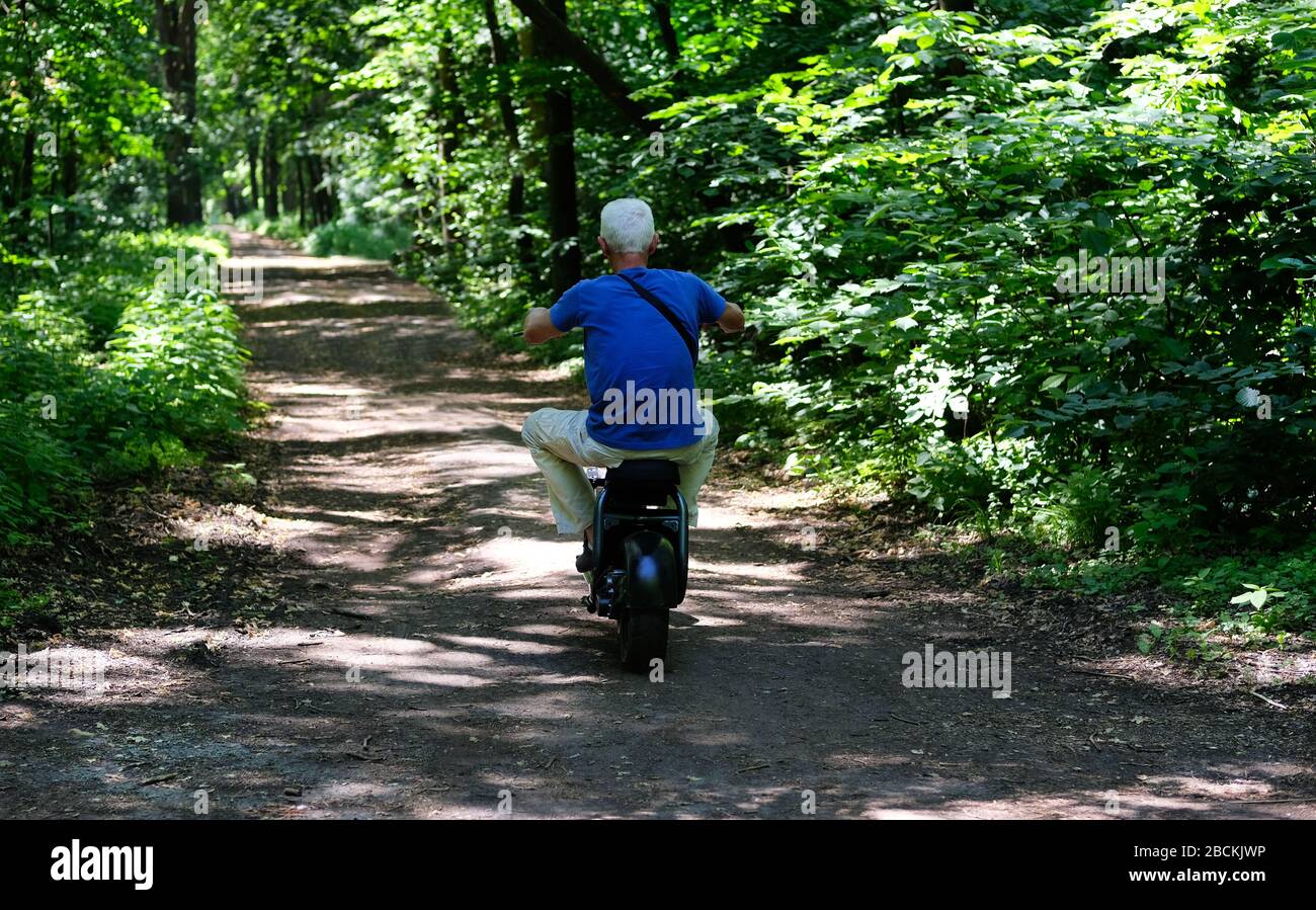 Adult man is driving his electric scooter in park alley on a summer day among many green trees. Stock Photo