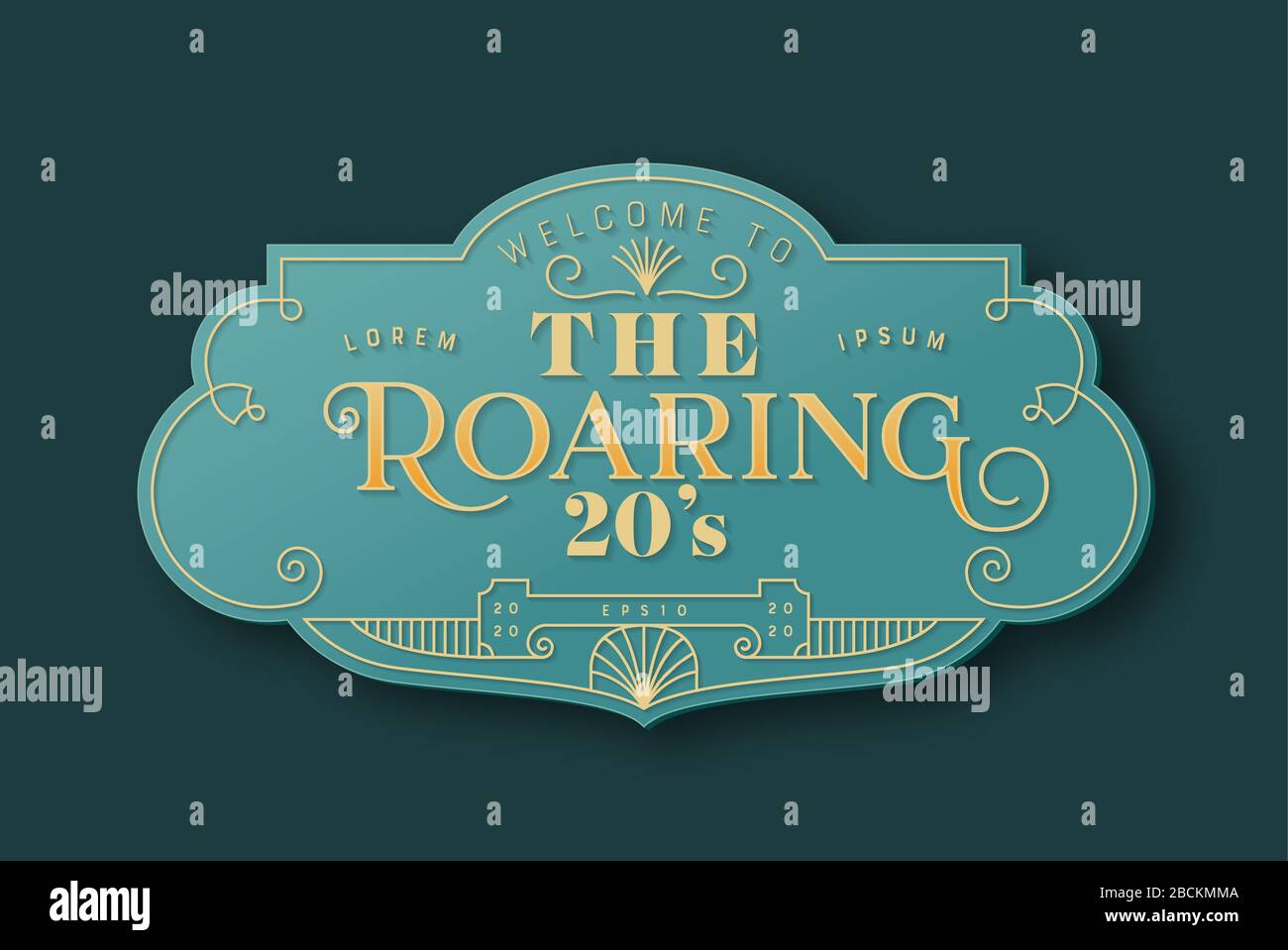 The roaring 20s background template in vintage art deco style. Isolated retro frame with traditional geometric line decoration, text quote and ornate Stock Vector