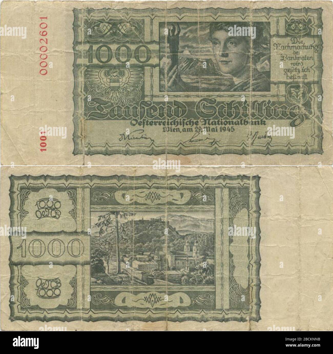 English: first 1000 Schilling banknote issued 13.12.45 (1st edition). Very  similar to the former bil from 1930 Deutsch: Erste 1000 Schilling Note,  ausgegeben 13.12.45 (1.Auflage). Sehr ähnlich der 1000 Schilling Note von