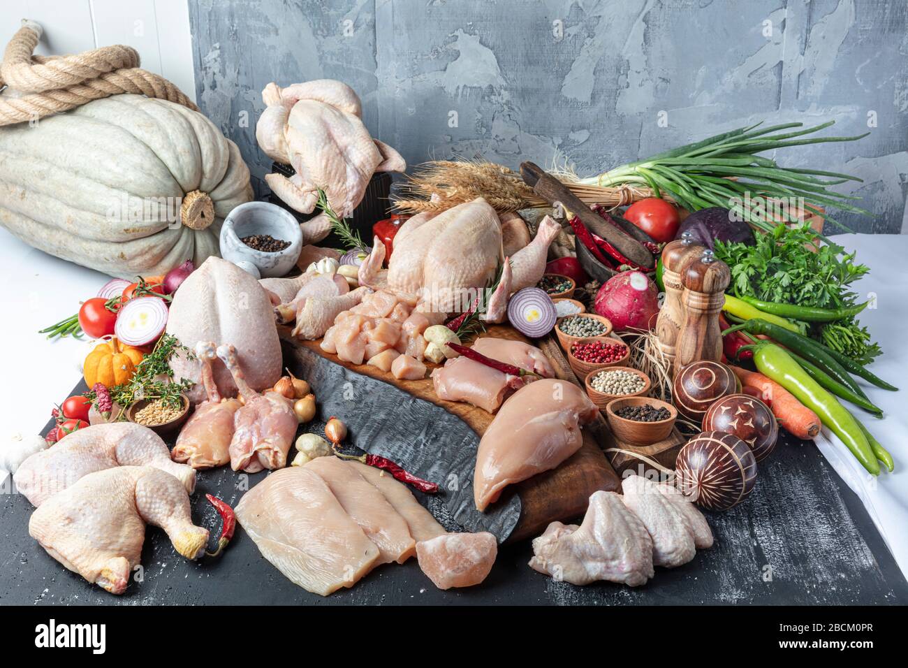 Butcher, chicken department. Several products displayed in a showcase