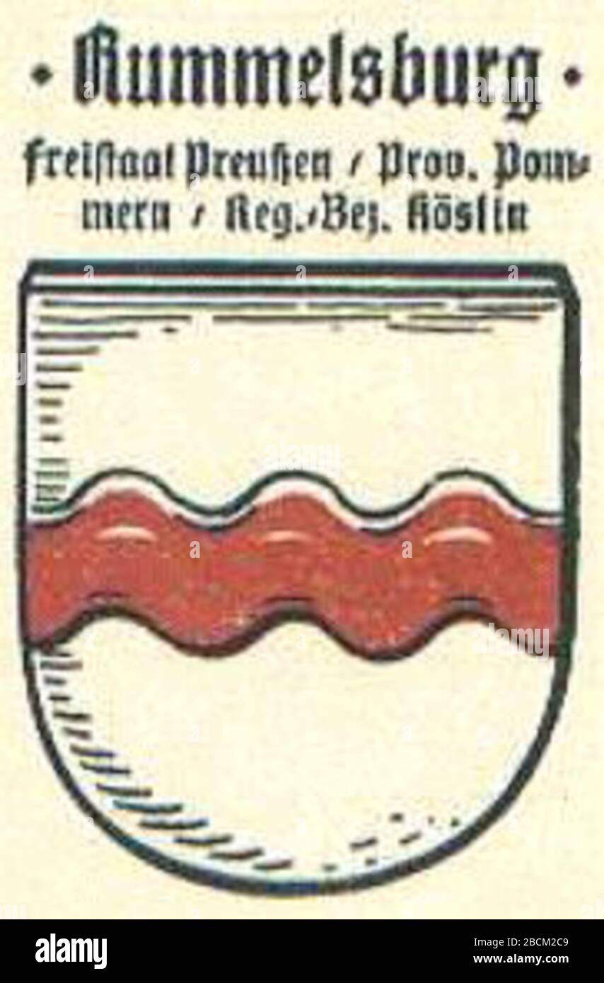 'Deutsch: Altes Wappen von Rummersburg; 22 December 2005 (original upload date); Sammelmarke aus den 1920er Jahren; Miastko; ' Stock Photo