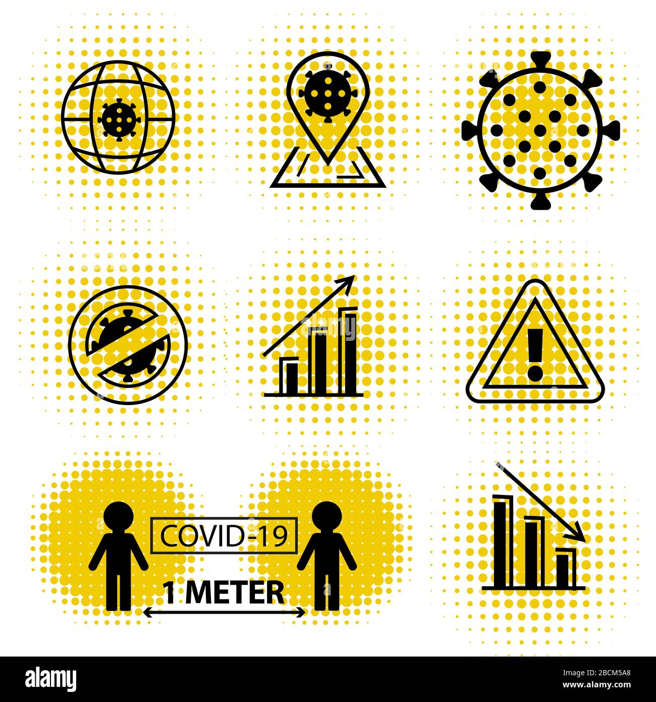 Coronavirus icons. Line black icons with yellow spay halftone. Keep distance 1 meter. Business losses. Stock Vector