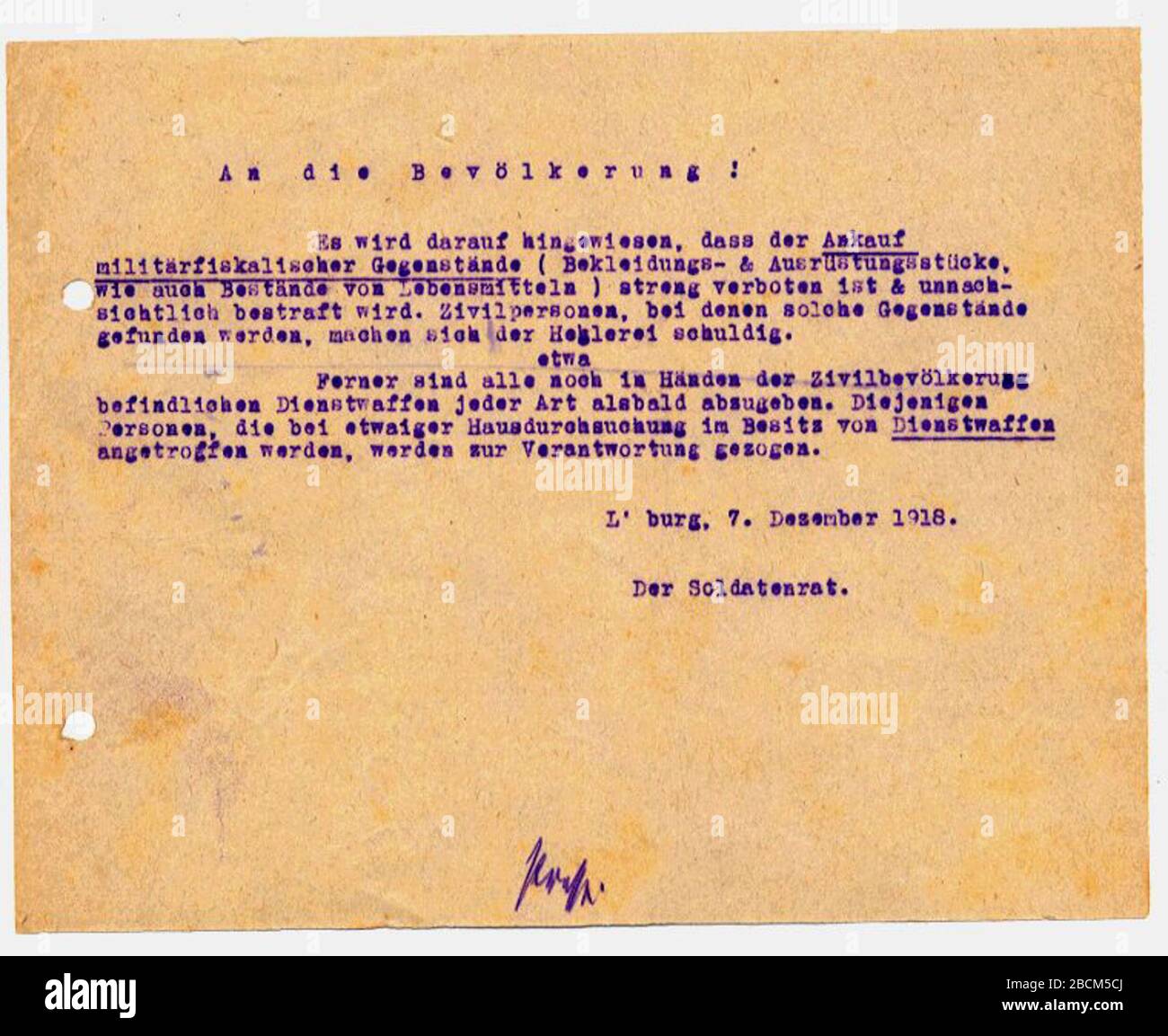 'Dokument Soldatenrat Ludwigsburg; 7.12.1918; Besitz von Ernesto Reiner; Soldatenrat Ludwigsburg; ' Stock Photo